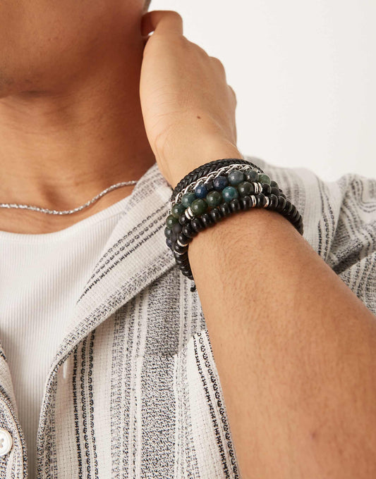 5 Pack Beaded Bracelets With Chain And Fabric
