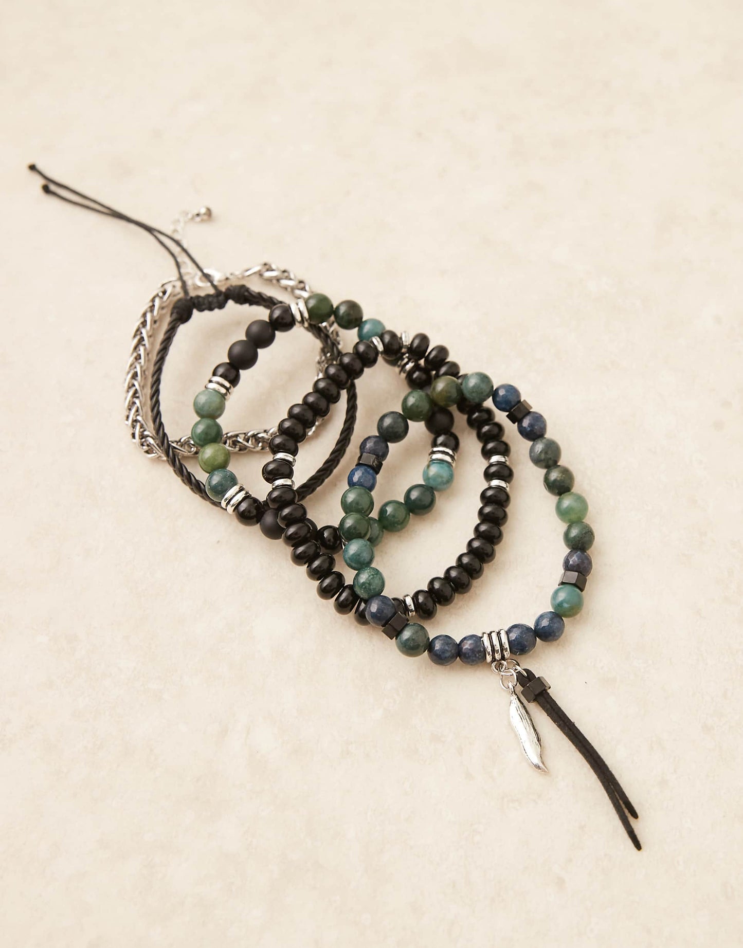 5 Pack Beaded Bracelets With Chain And Fabric