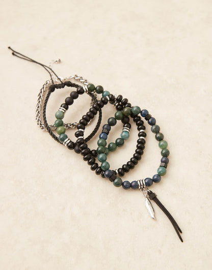 5 Pack Beaded Bracelets With Chain And Fabric