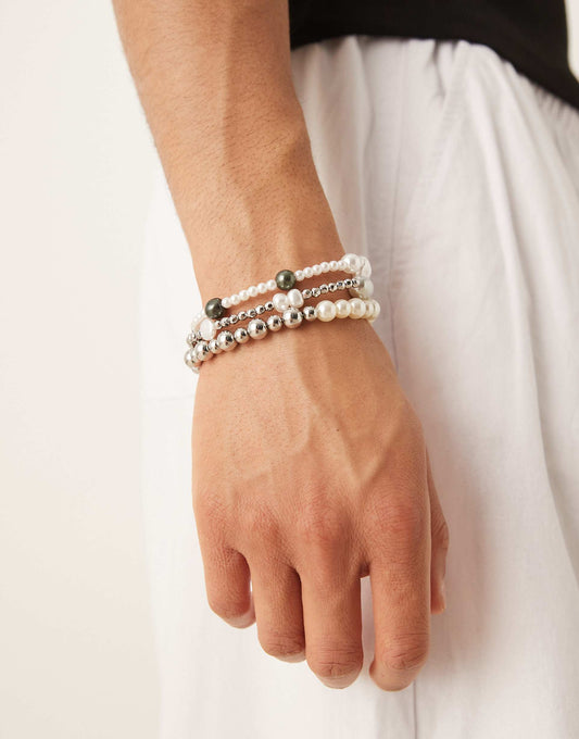 3 Pack Mixed Faux Pearl And Silver Beaded Bracelets