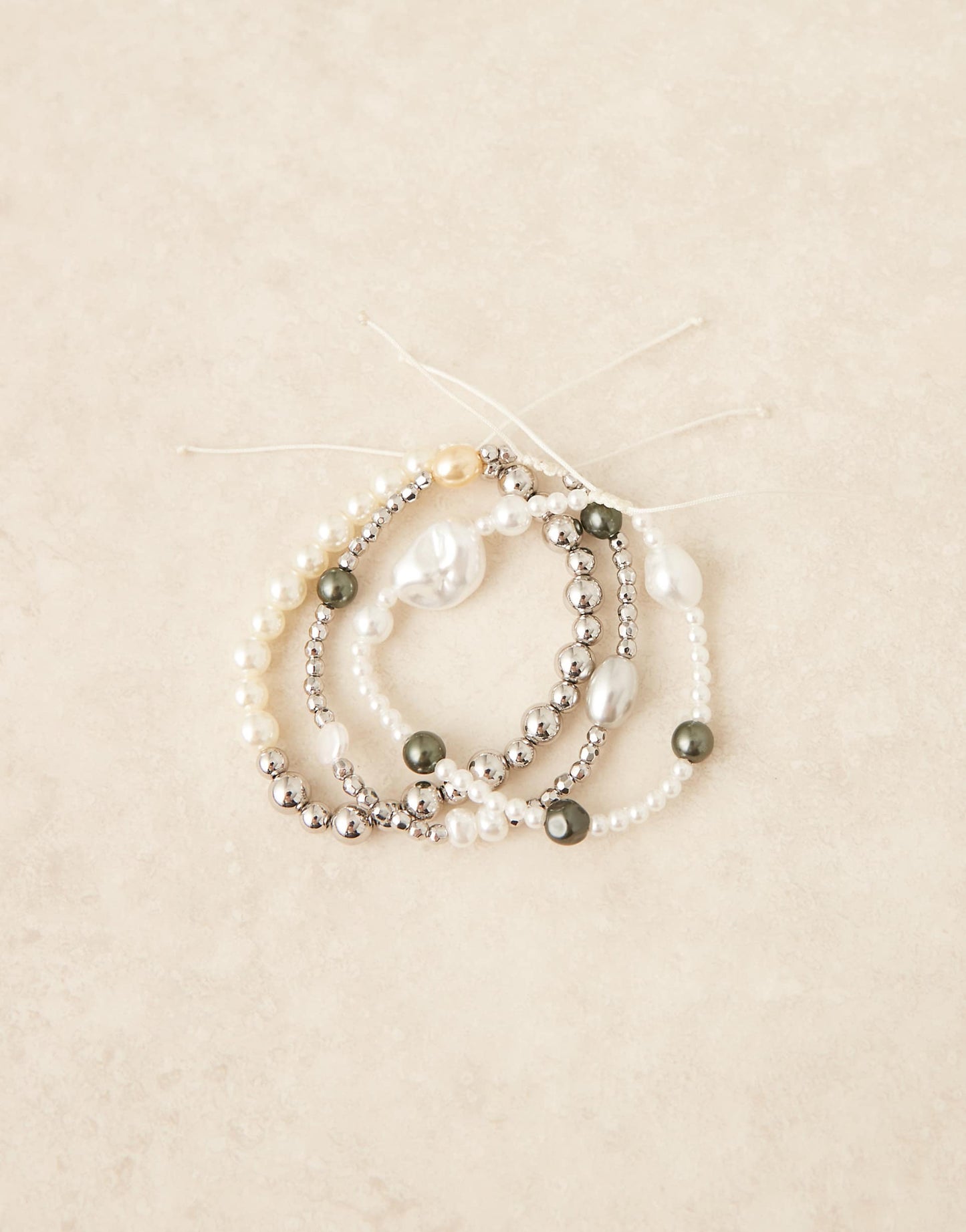 3 Pack Mixed Faux Pearl And Silver Beaded Bracelets
