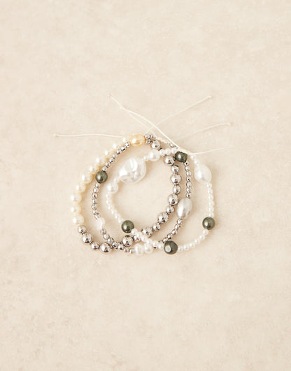 3 Pack Mixed Faux Pearl And Silver Beaded Bracelets