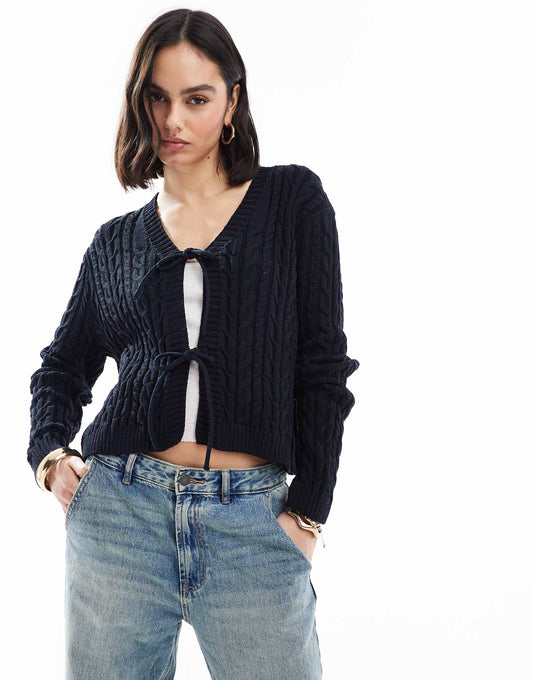 Tie Front Cardigan With Cable Stitch