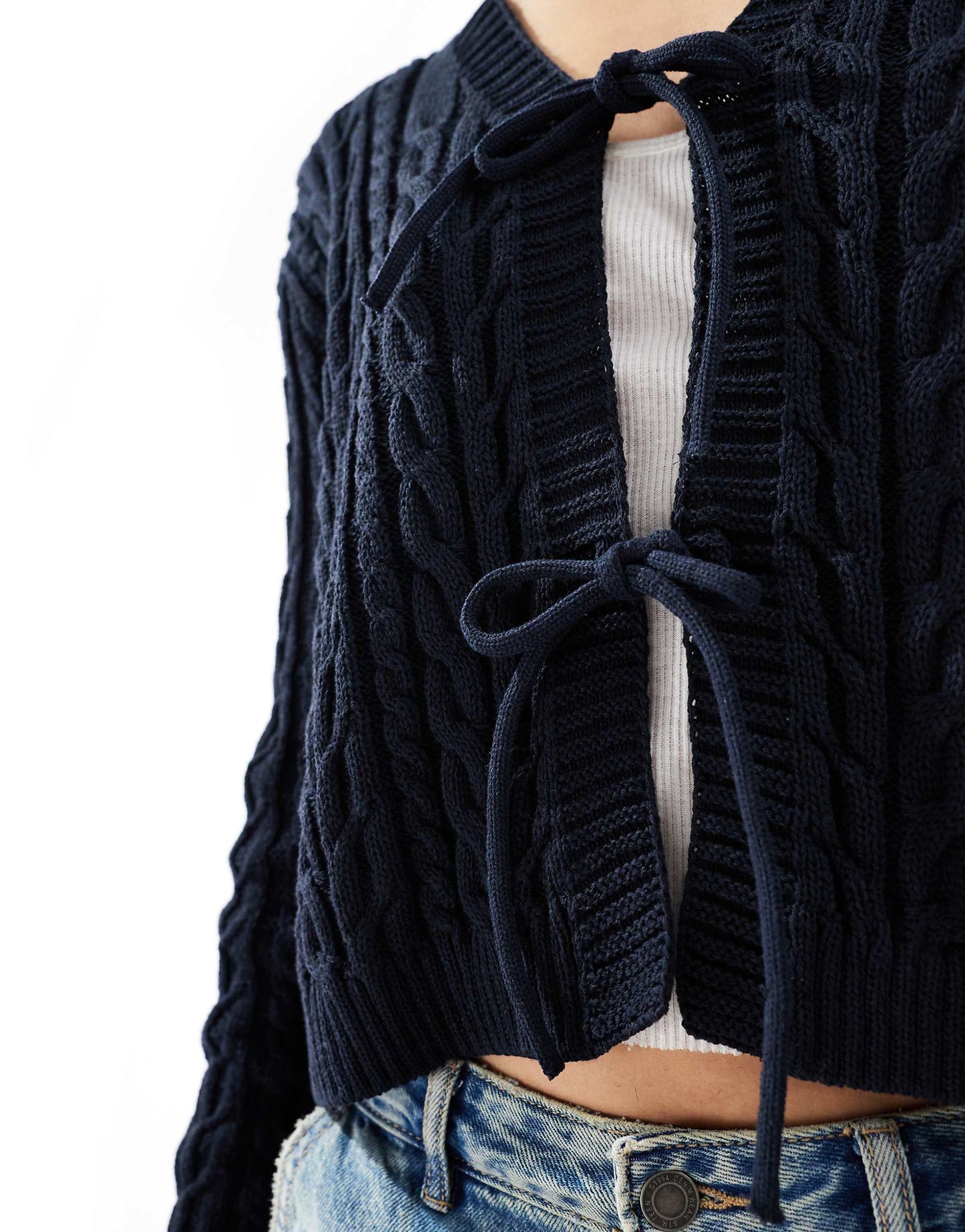 Tie Front Cardigan With Cable Stitch