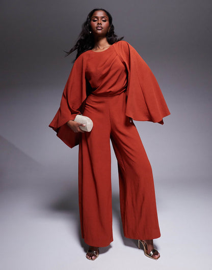 Cape Detail Wide Leg Jumpsuit With Open Back