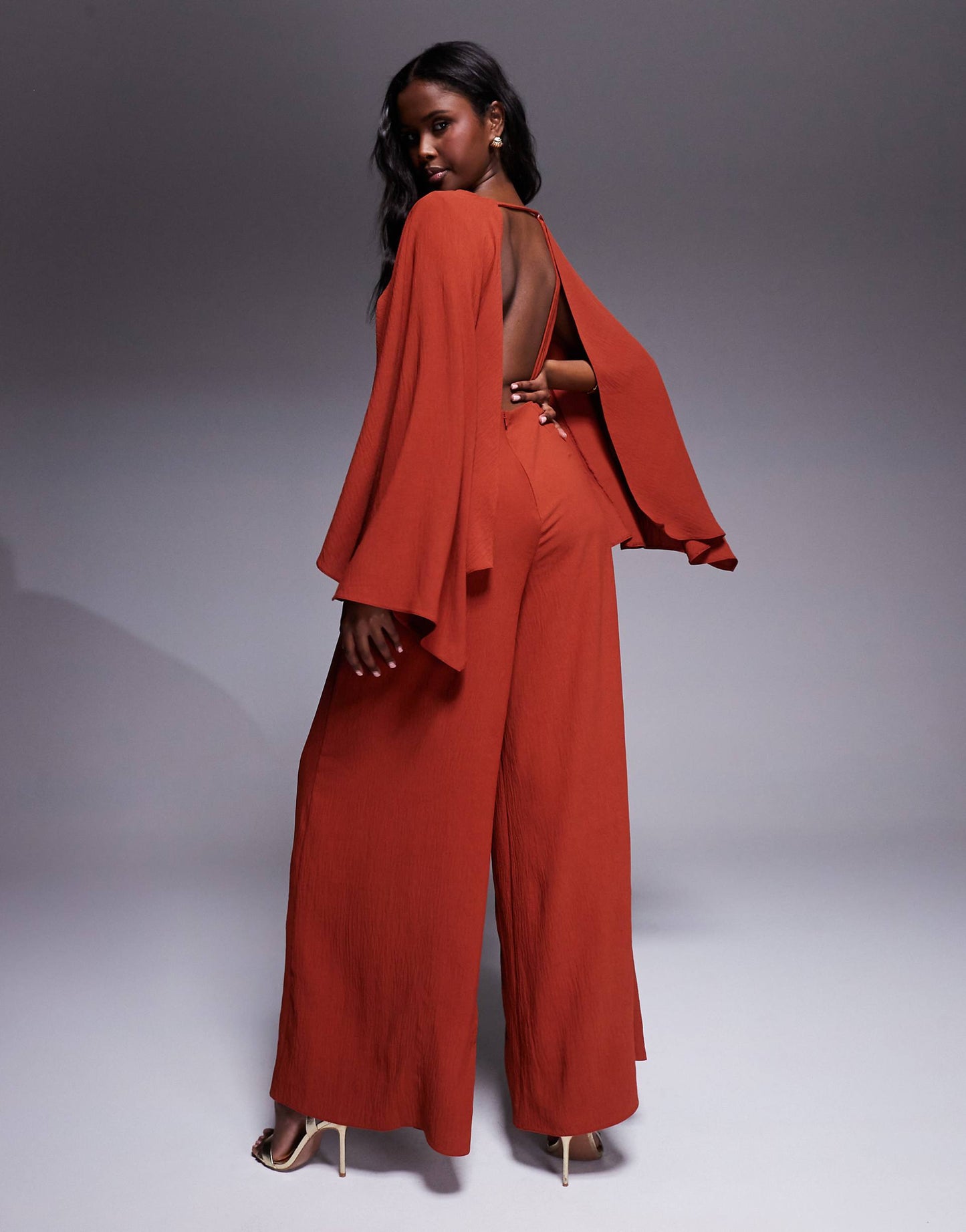 Cape Detail Wide Leg Jumpsuit With Open Back