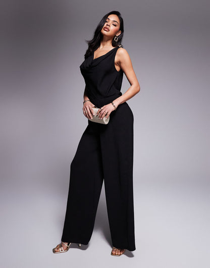 Cowl Neck Wide Leg Jumpsuit With Gold Hardware