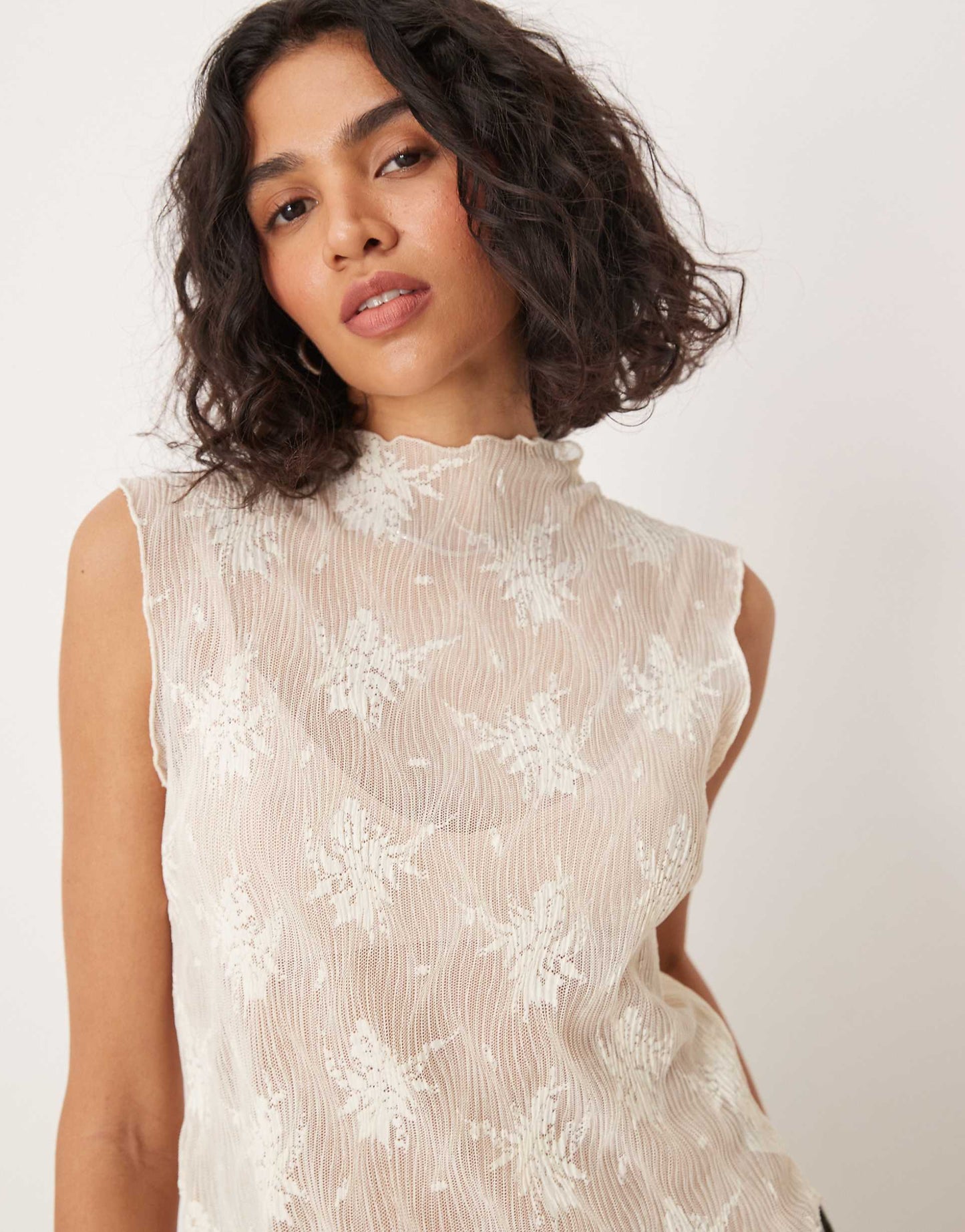 Funnel Neck Sleeveless Lace Top