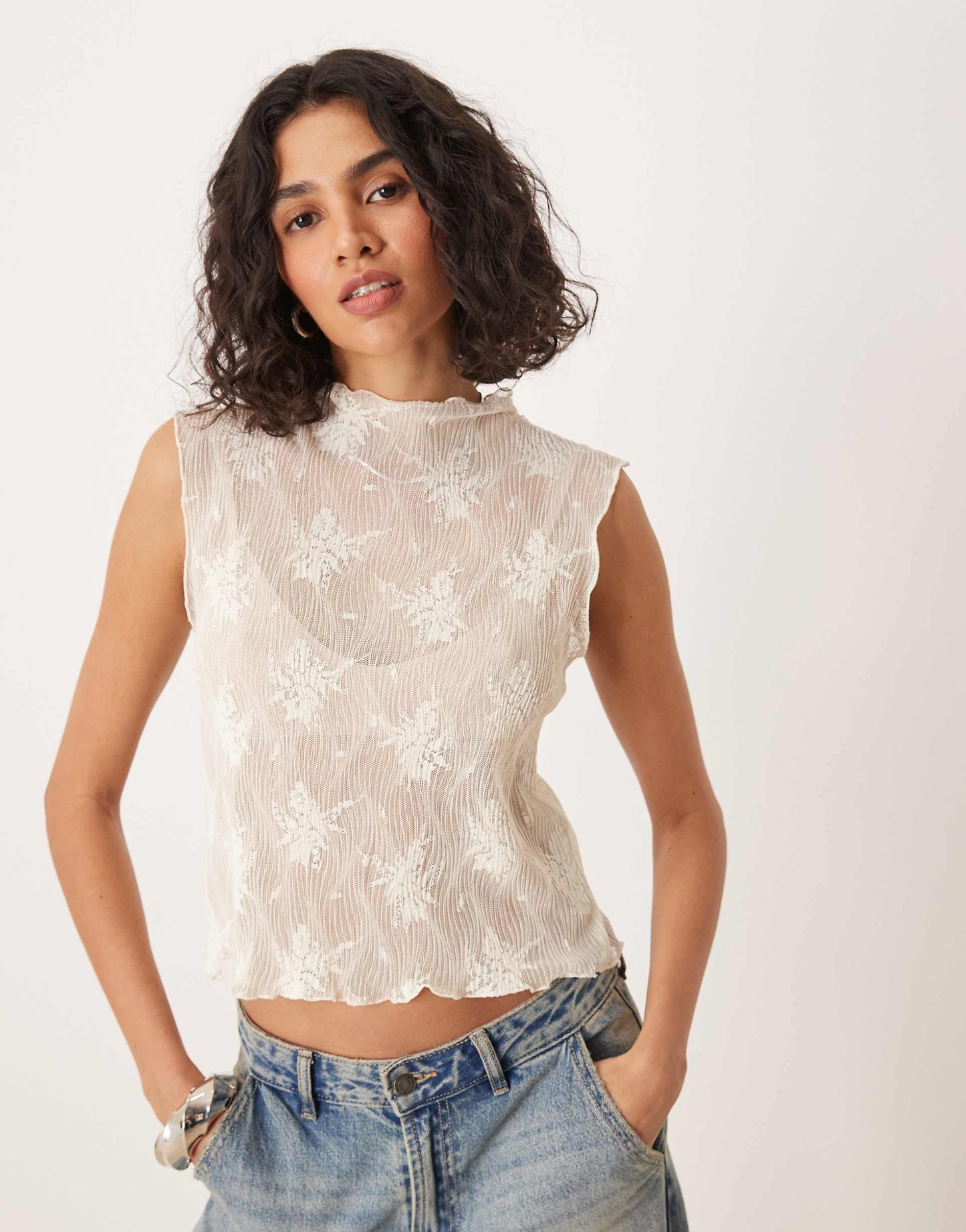 Funnel Neck Sleeveless Lace Top