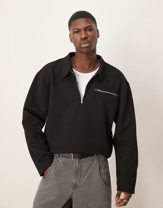 Oversized Drop Shoulder Boxy Polo Jumper With Zip Pocket