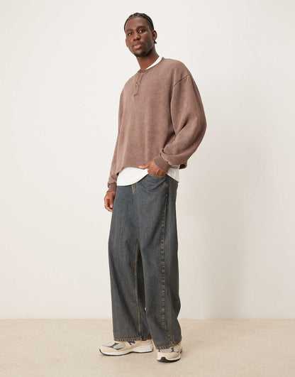 Oversized Drop Shoulder Boxy Jumper With Henley Neck