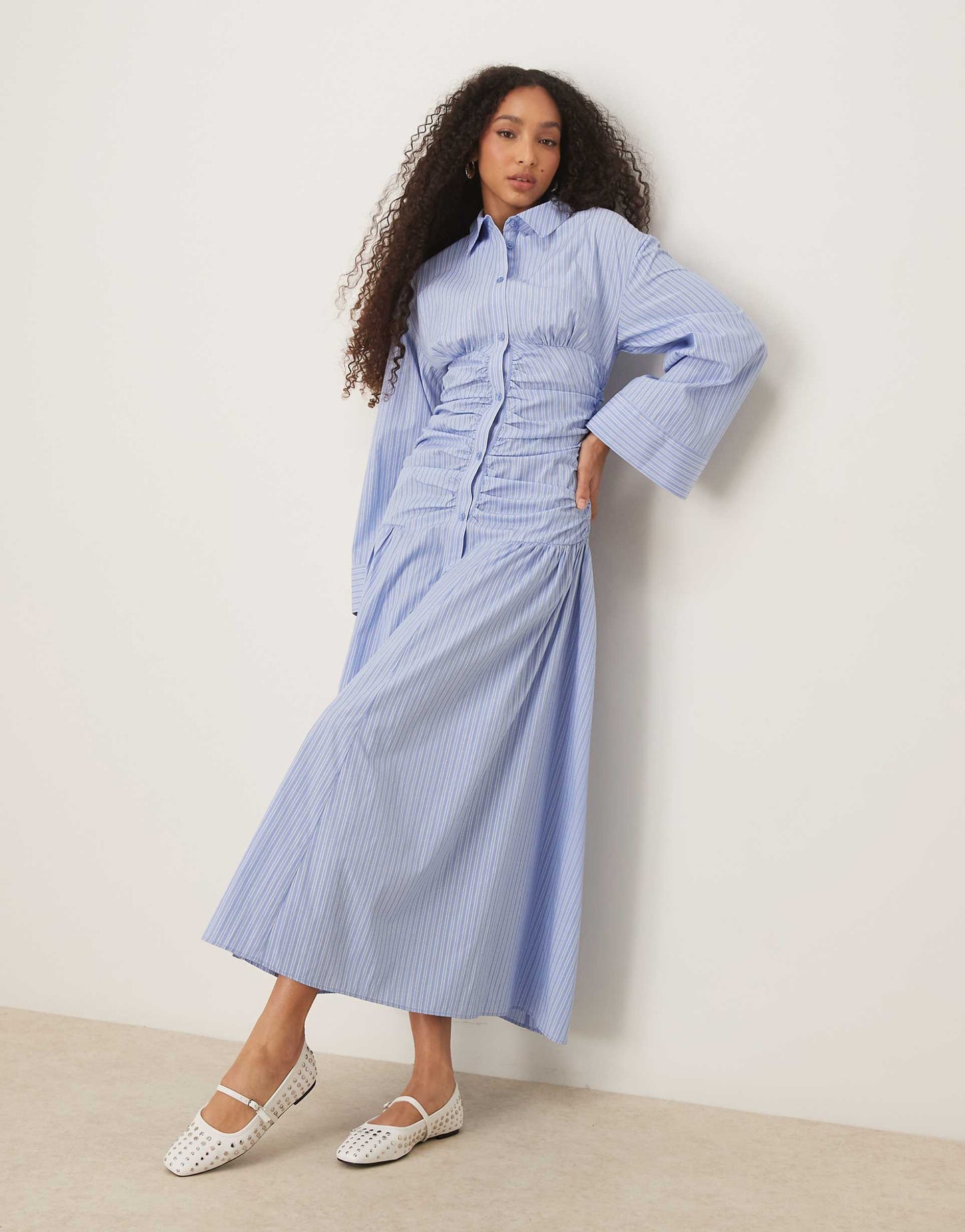 Shirt Maxi Dress With Ruched Bodice And Dropped Waist