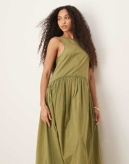 Slash Neck Smock Midi Dress With Dropped Waist