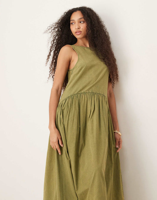 Slash Neck Smock Midi Dress With Dropped Waist