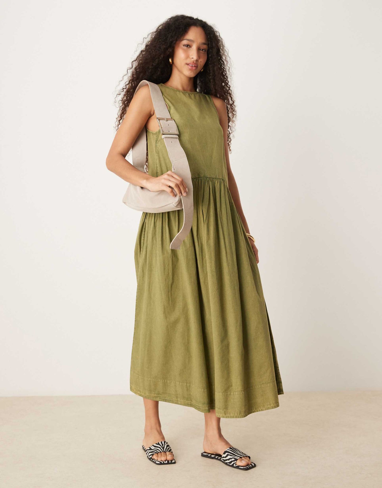 Slash Neck Smock Midi Dress With Dropped Waist