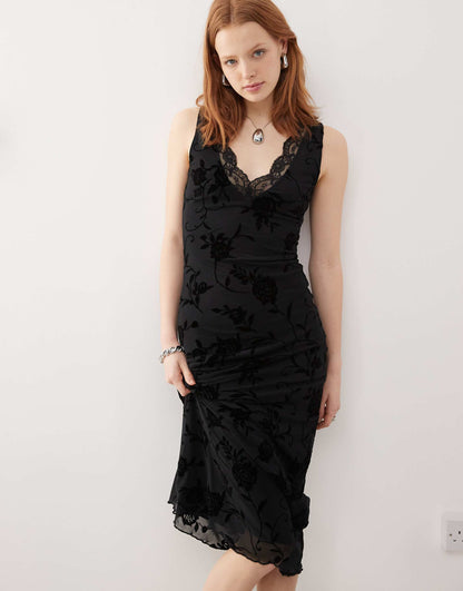 Saga Flock Floral Rose Midi Dress