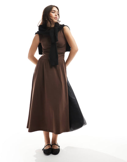 High Neck Drop Waist Midi Dress