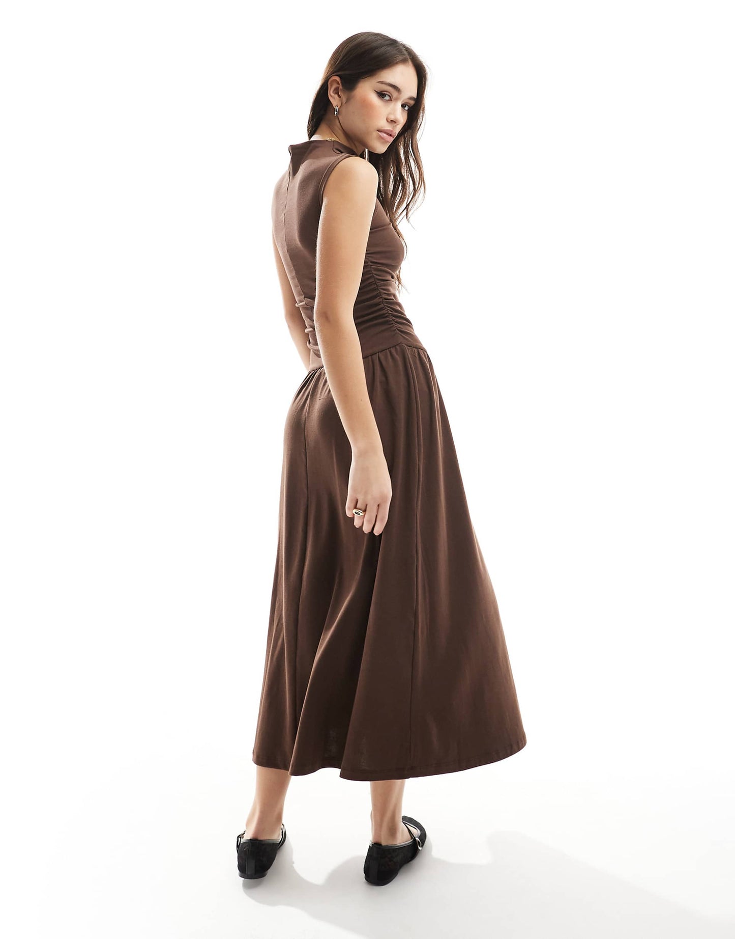 High Neck Drop Waist Midi Dress
