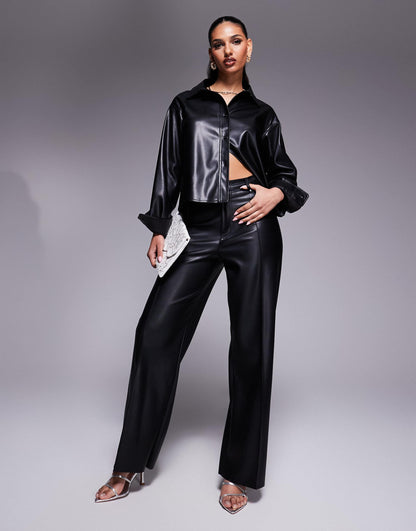 Faux Leather Wide Leg Seam Front Trouser