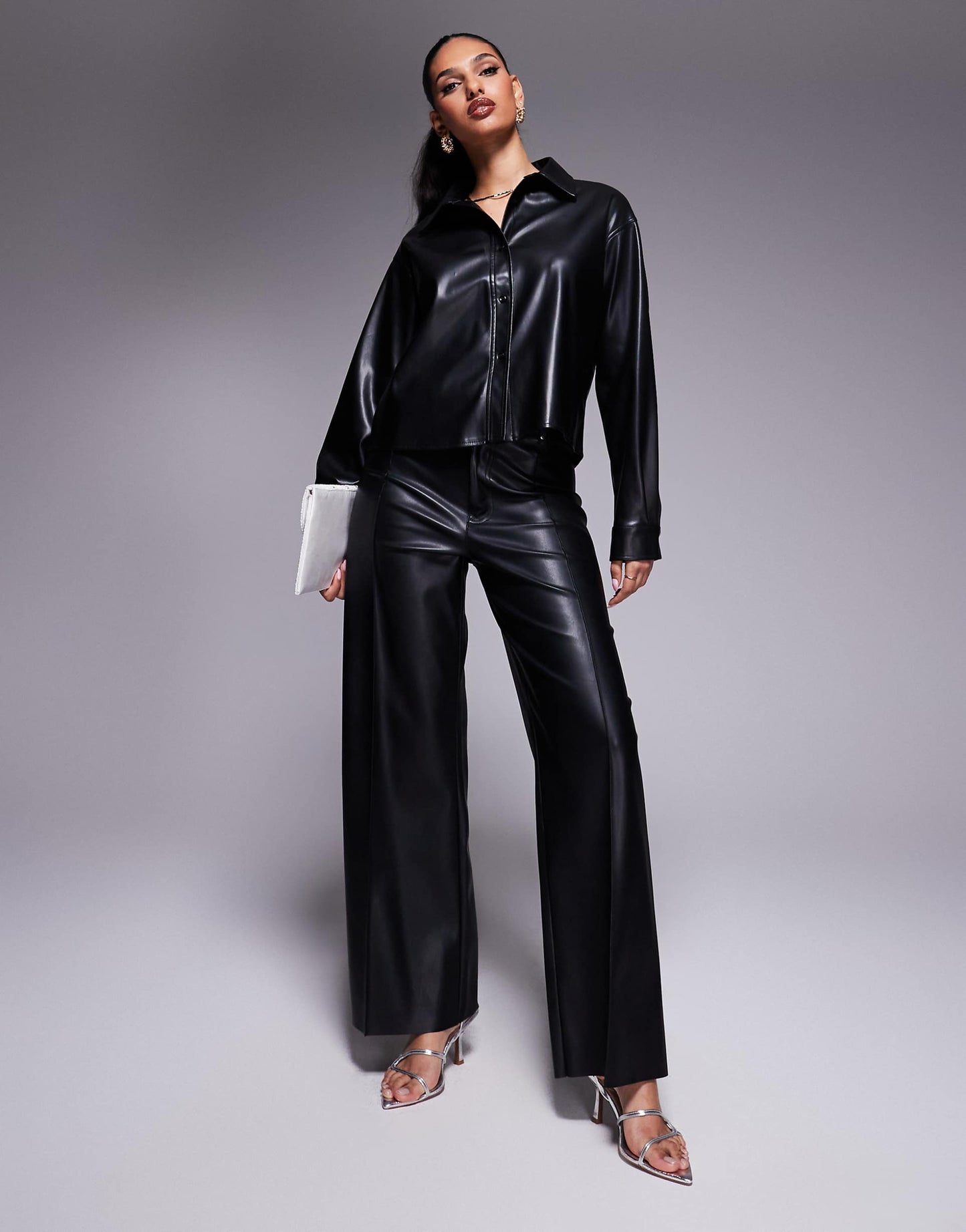 Faux Leather Wide Leg Seam Front Trouser