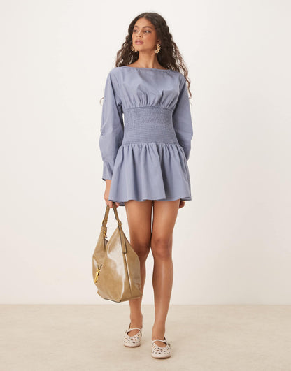 Poplin Slash Neck Mini With Shirred Waist