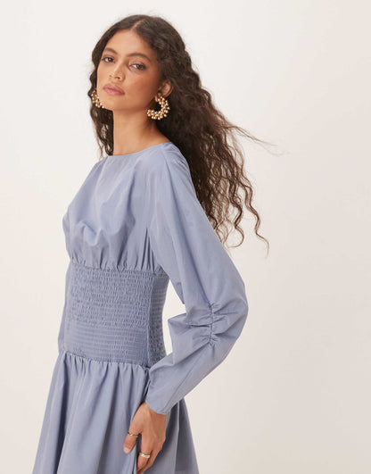 Poplin Slash Neck Mini With Shirred Waist