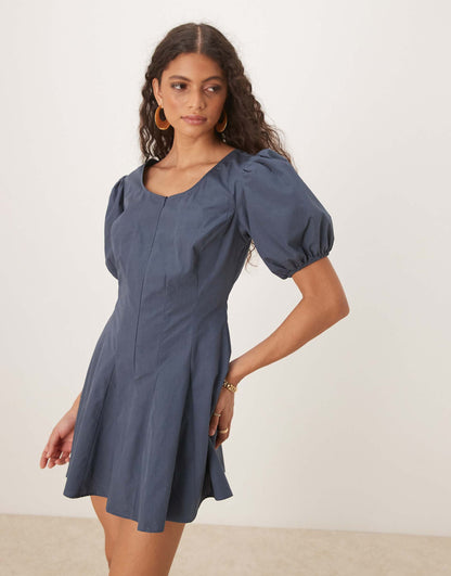Poplin Puff Sleeve Mini Dress With Godets
