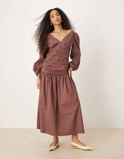 Poplin Ruched Waist Maxi Dress