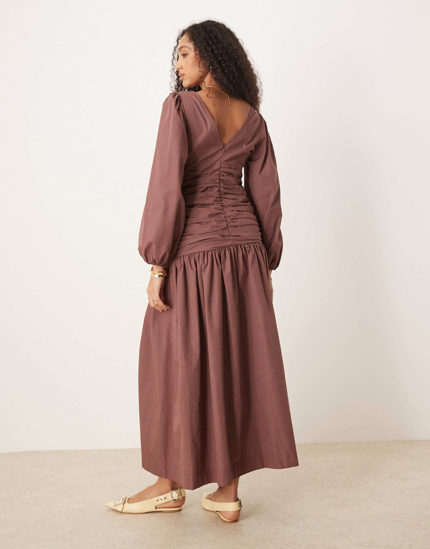 Poplin Ruched Waist Maxi Dress