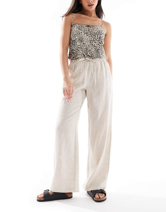 Tie Waist Wide Leg Linen Rich Trousers