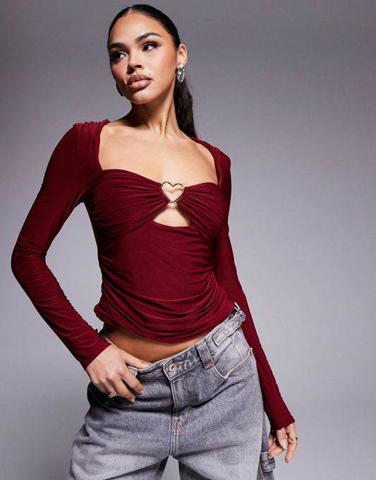 Long Sleeve Ruched Top With Heart Detail