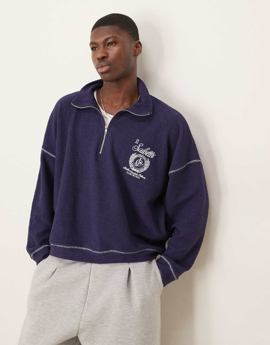 Oversized Dropped Shoulder Funnel Neck Sweatshirt With Embroidery