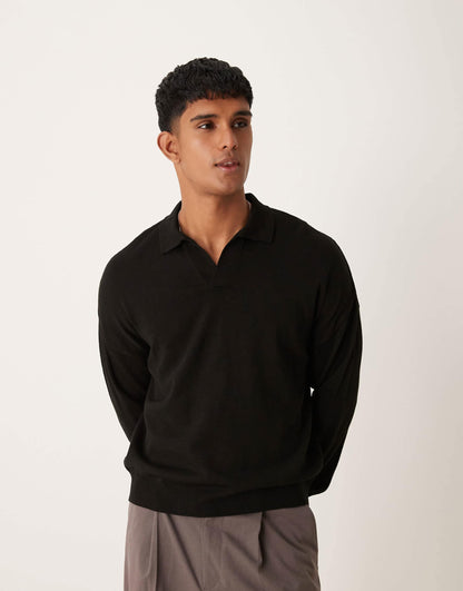 Relaxed Boxy Fit Knitted Long Sleeve Notch Neck Polo