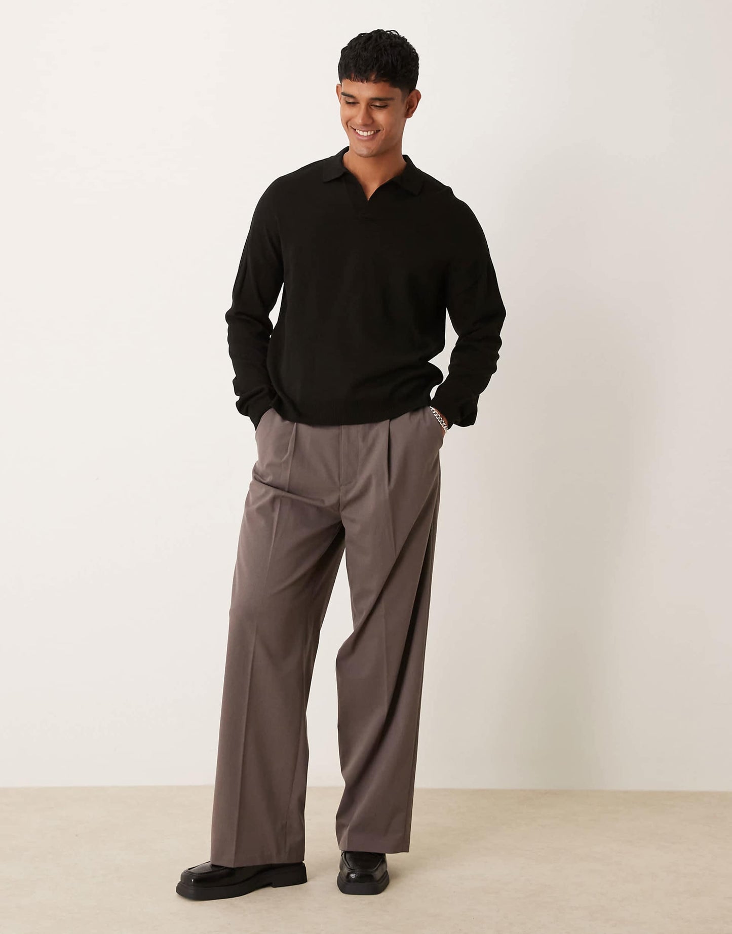 Relaxed Boxy Fit Knitted Long Sleeve Notch Neck Polo