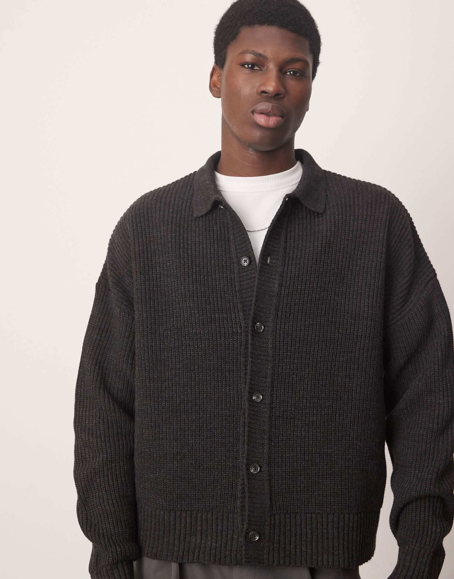 Oversized Boxy Fit Knitted Ribbed Collar Cardigan