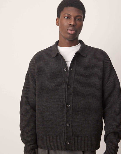 Oversized Boxy Fit Knitted Ribbed Collar Cardigan