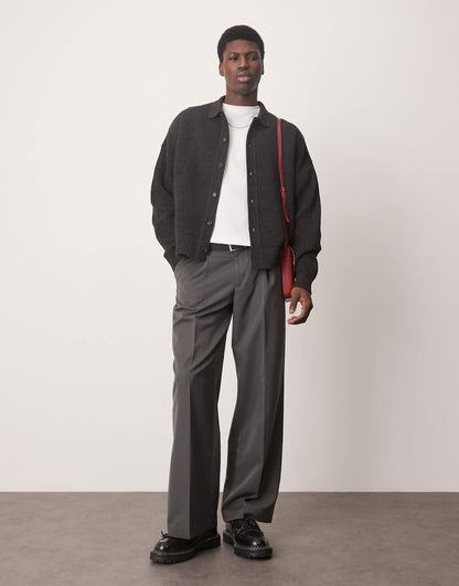 Oversized Boxy Fit Knitted Ribbed Collar Cardigan