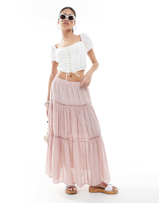 Lace Insert Crinkle Tiered Midi Skirt