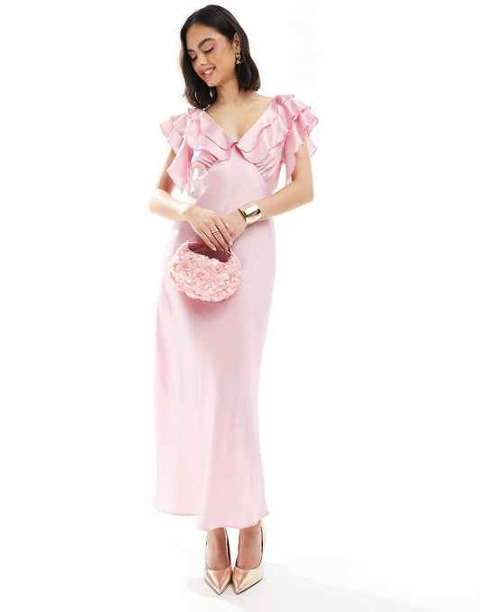 Ruffle Sleeve Satin Midi Dress