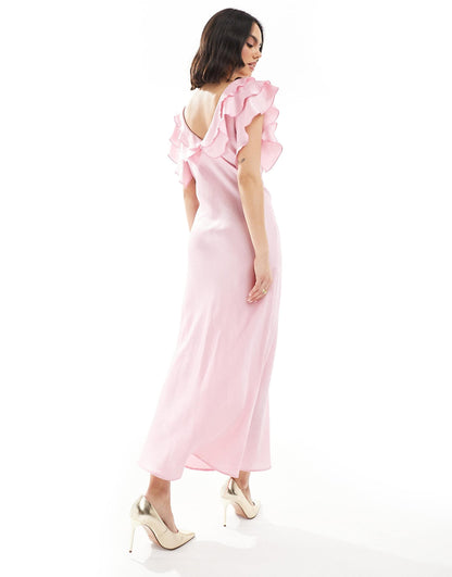 Ruffle Sleeve Satin Midi Dress
