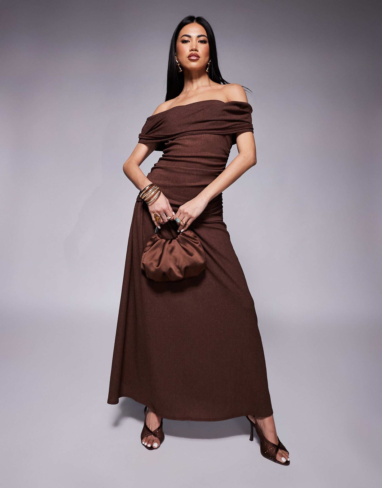 Fallen Shoulder Ruched Asym Waist Midaxi Dress