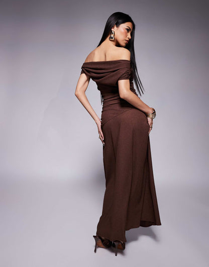 Fallen Shoulder Ruched Asym Waist Midaxi Dress