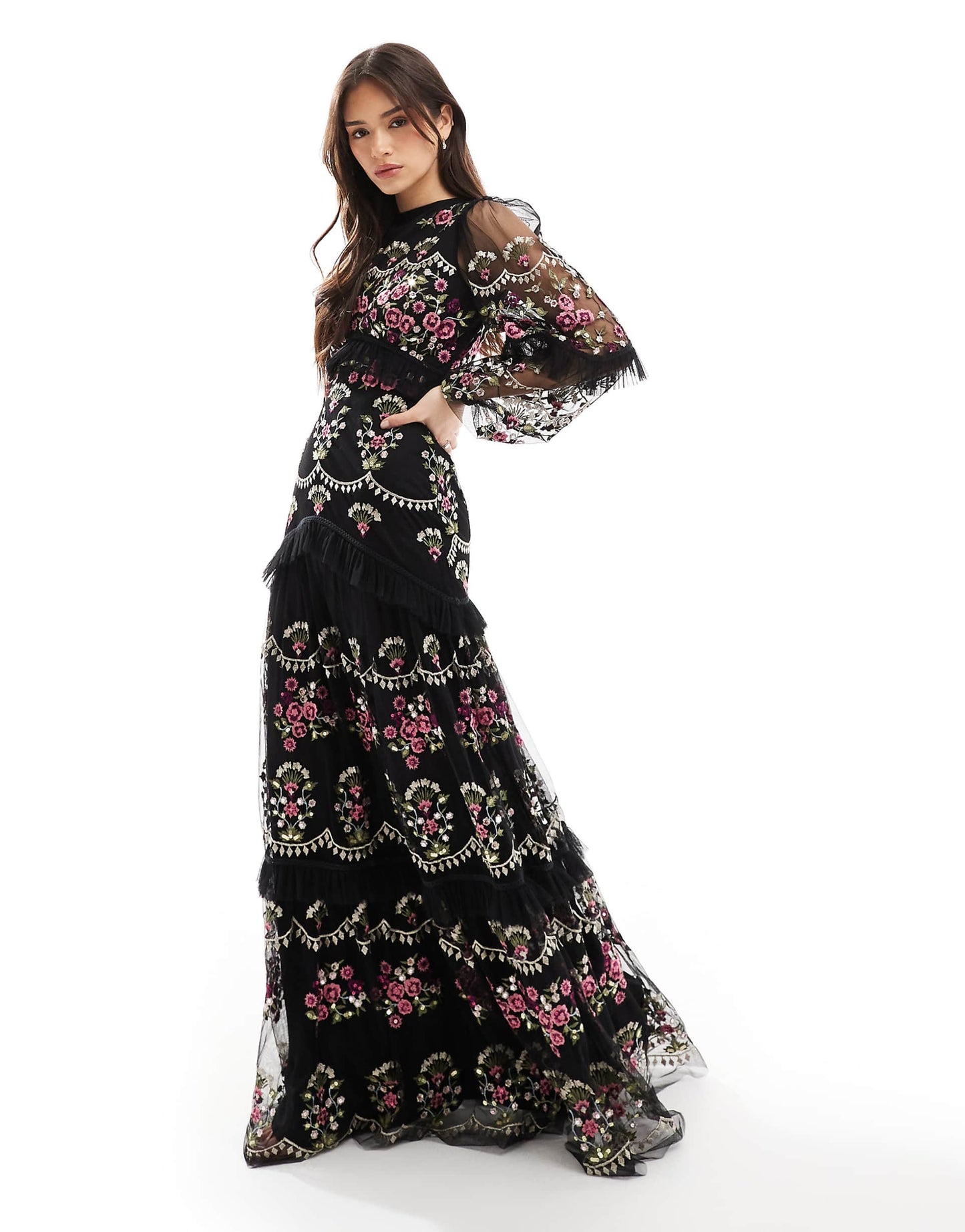 Embroidered Long Sleeve Maxi Dress