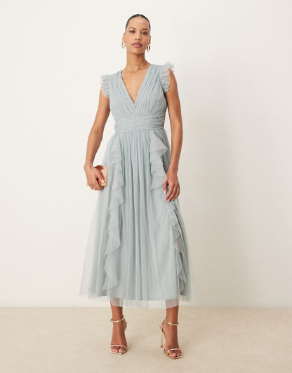 V Neck Waterfall Midaxi Dress