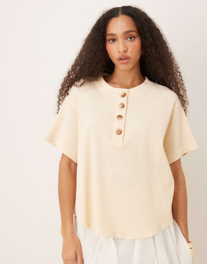 Heavy Waffle Short Sleeve Henley Top In