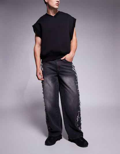 Distressed Applique Baggy Jeans