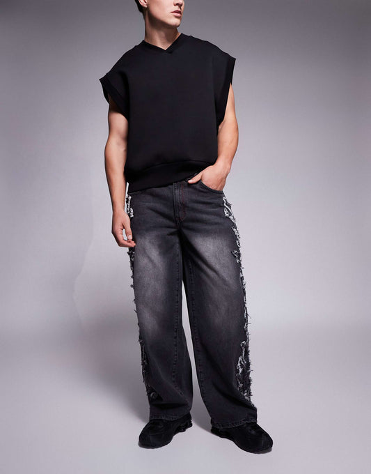 Distressed Applique Baggy Jeans