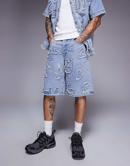 Distressed Applique Denim Shorts