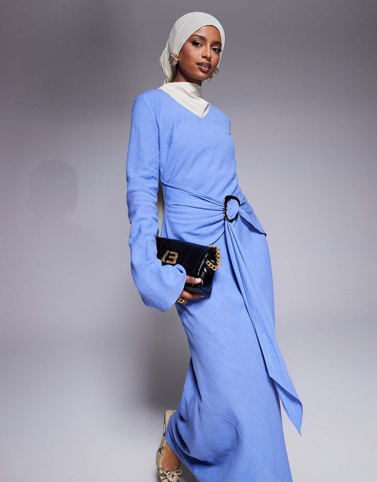 Long Sleeve Maxi Dress With Belt Detail
