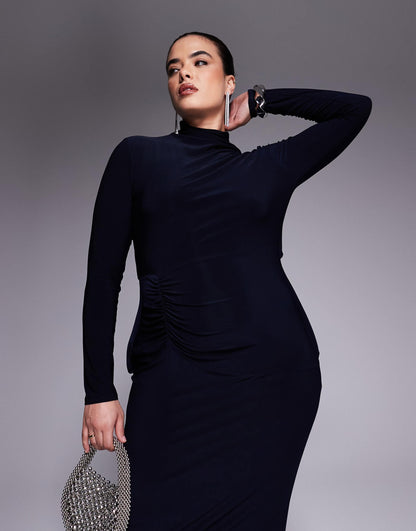 Curve Long Sleeve Ruched Detail Midaxi Dress With Twist Open Back